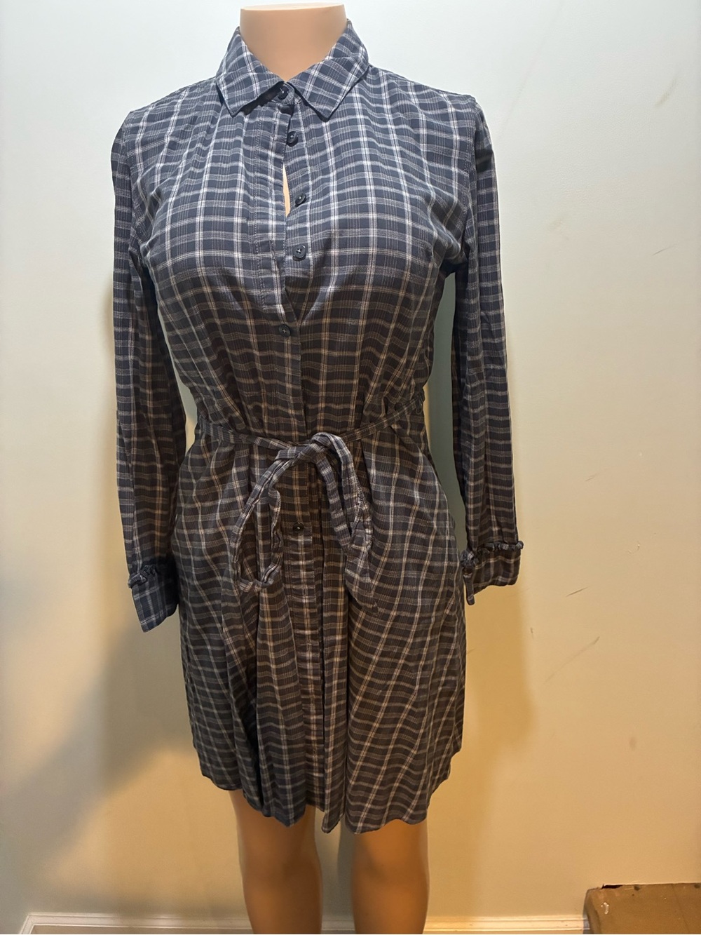 Women’s Plaid Shirt Dress with Tie Waist - Gray (6)